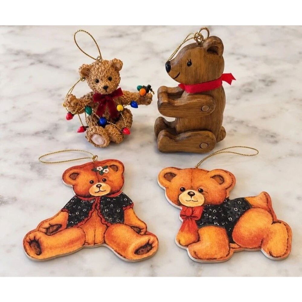 Vintage Teddy Bear Christmas Tree Ornament Bundle Set of 4
